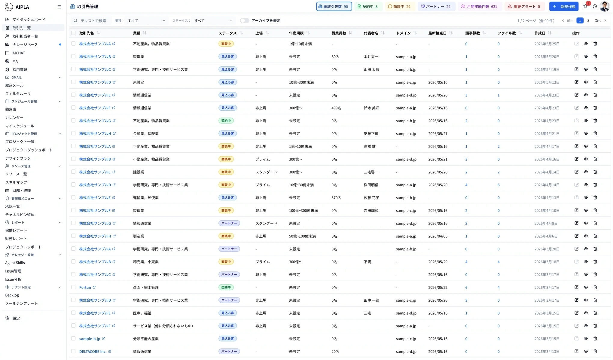 AIPLAのCRM、AICHAT、ナレッジベース、財務経理を紹介する画面