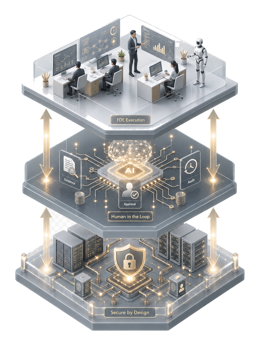 FDE Execution、Human in the Loop、Secure by Designの三層で企業AIの実装思想を示す概念図