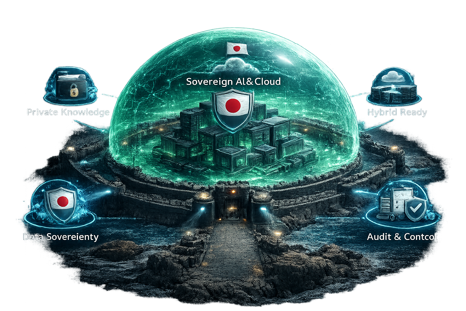 日本企業の機密データを守るSovereign AI and Cloudの概念図